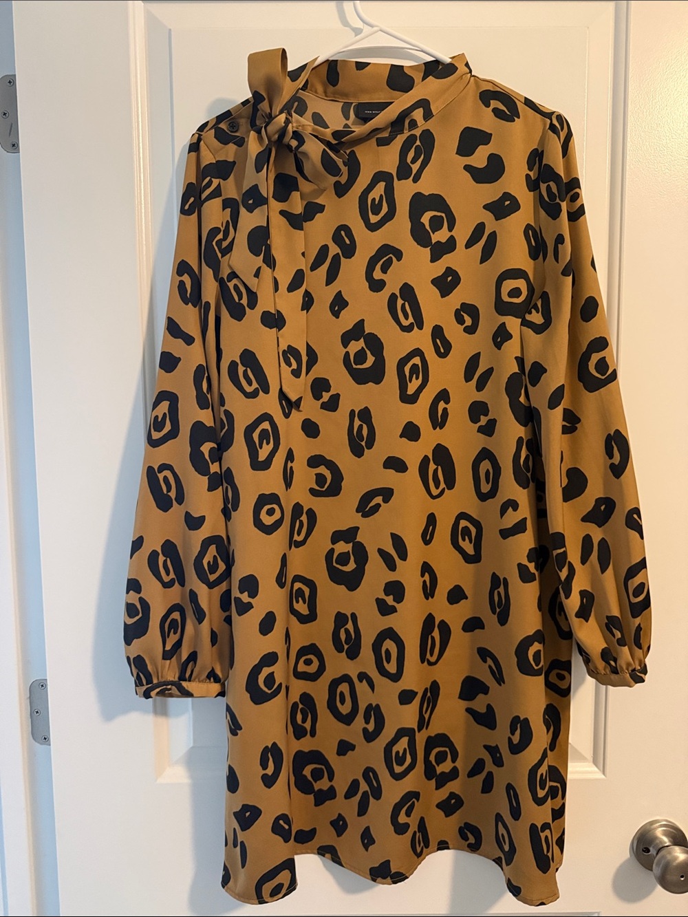 Who What Wear Camel and Black Leopard Tie-Neck Long Sleeve Dress